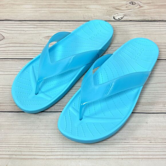 Crocs Sandals Womens 9 Blue Splash Glossy Flip Flop Neptune Thong Beach Pool EUC - Picture 2 of 14